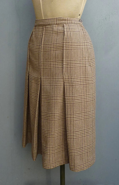 Vintage 1980s Tweed Checked Skirt Plaid Brown Wool High Waist UK S