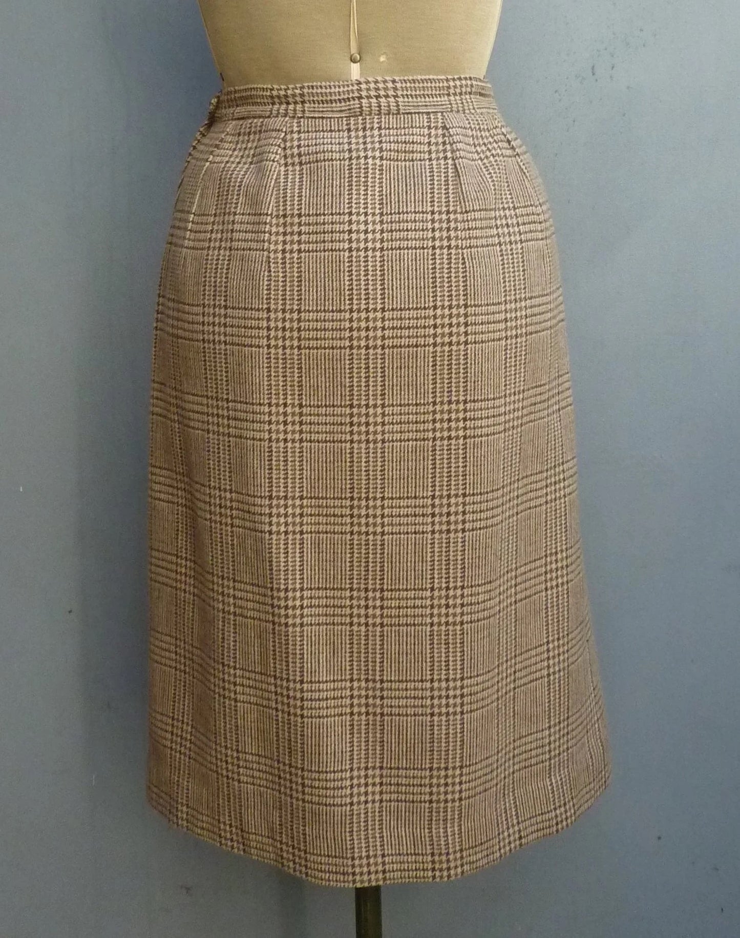 Vintage 1980s Tweed Checked Skirt Plaid Brown Wool High Waist UK S