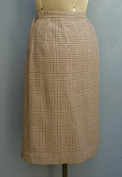 Vintage 1980s Tweed Checked Skirt Plaid Brown Wool High Waist UK S