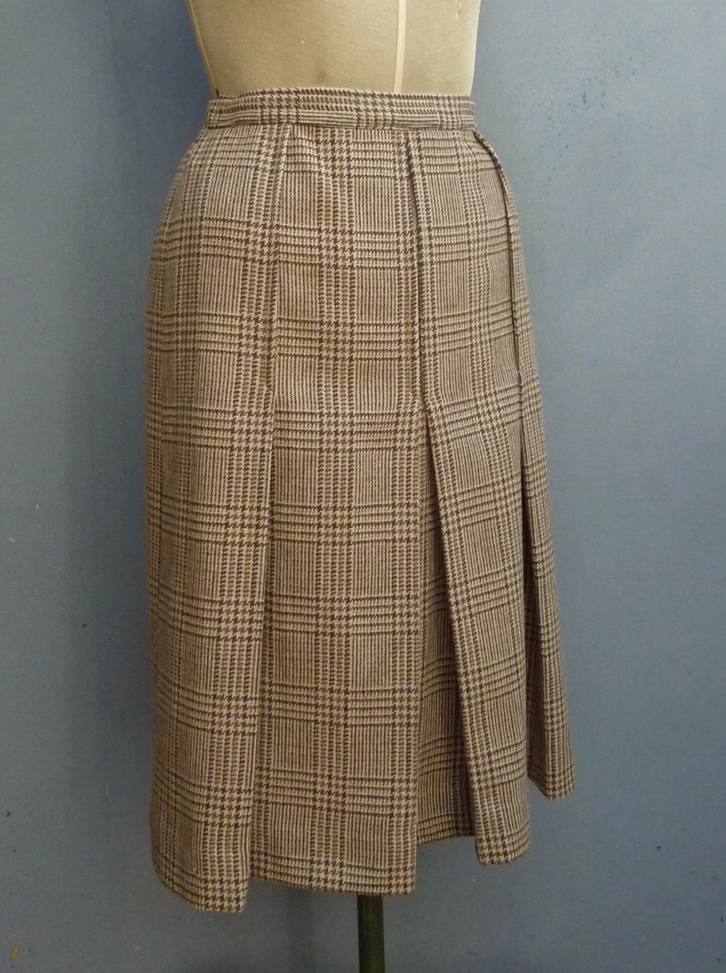 Vintage 1980s Tweed Checked Skirt Plaid Brown Wool High Waist UK S