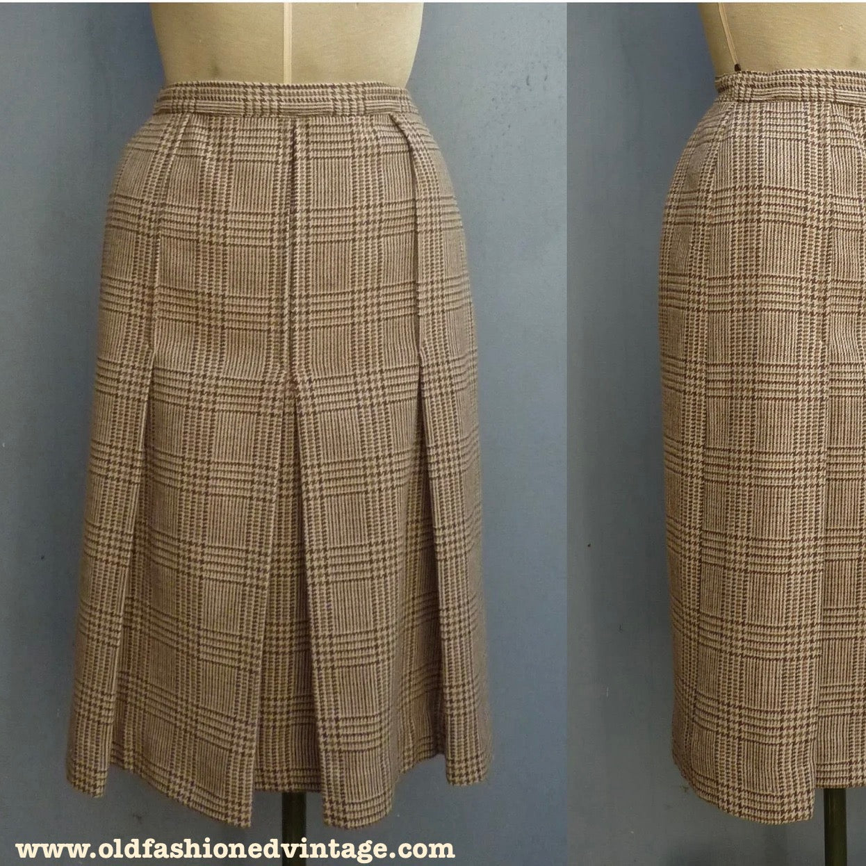 Vintage 1980s Tweed Checked Skirt Plaid Brown Wool High Waist UK S