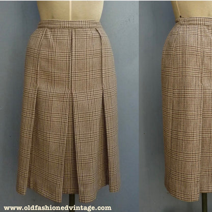 Vintage 1980s Tweed Checked Skirt Plaid Brown Wool High Waist UK S