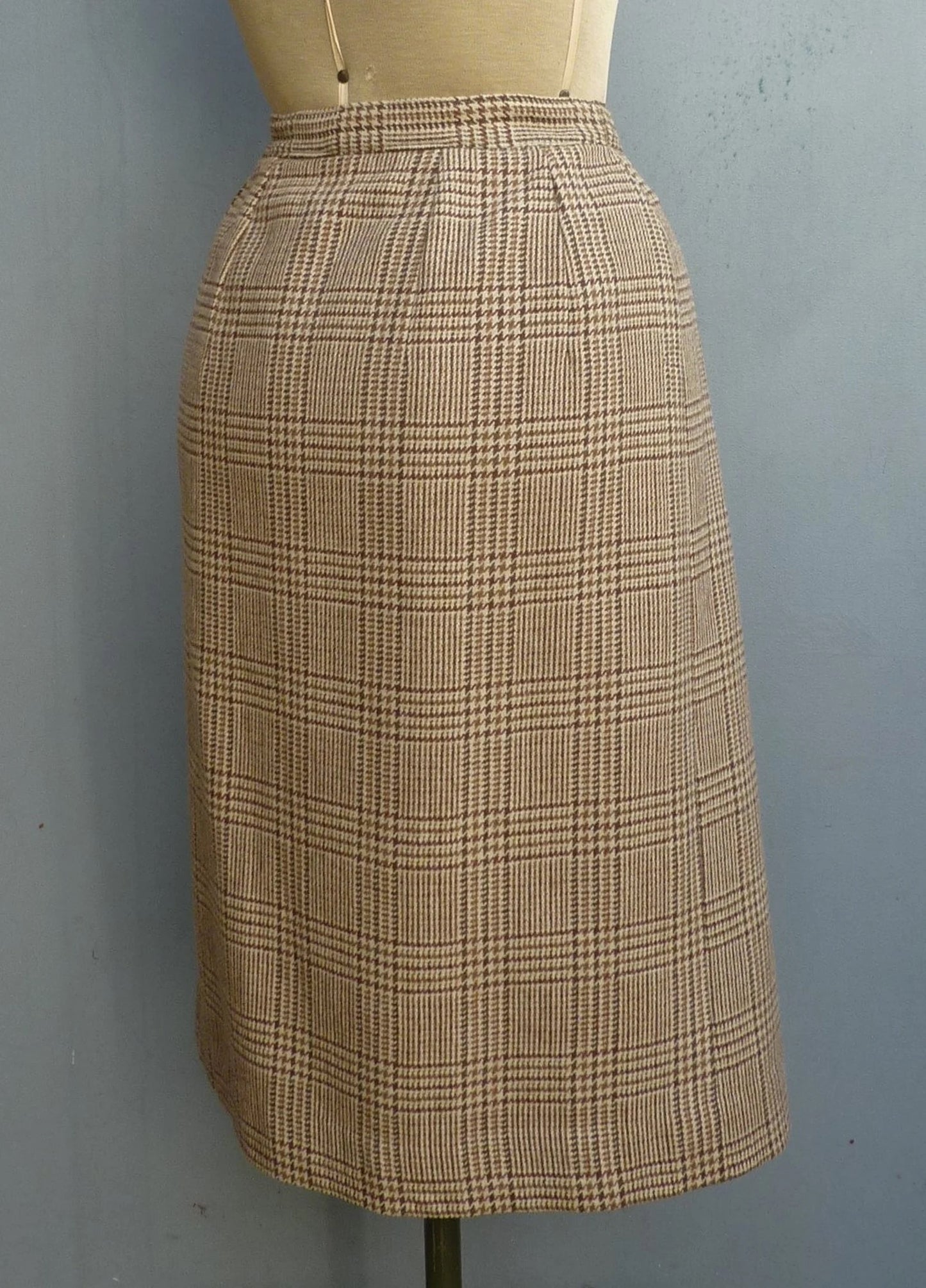 Vintage 1980s Tweed Checked Skirt Plaid Brown Wool High Waist UK S