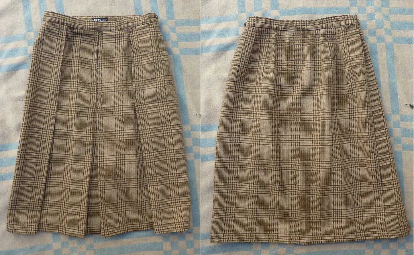 Vintage 1980s Tweed Checked Skirt Plaid Brown Wool High Waist UK S