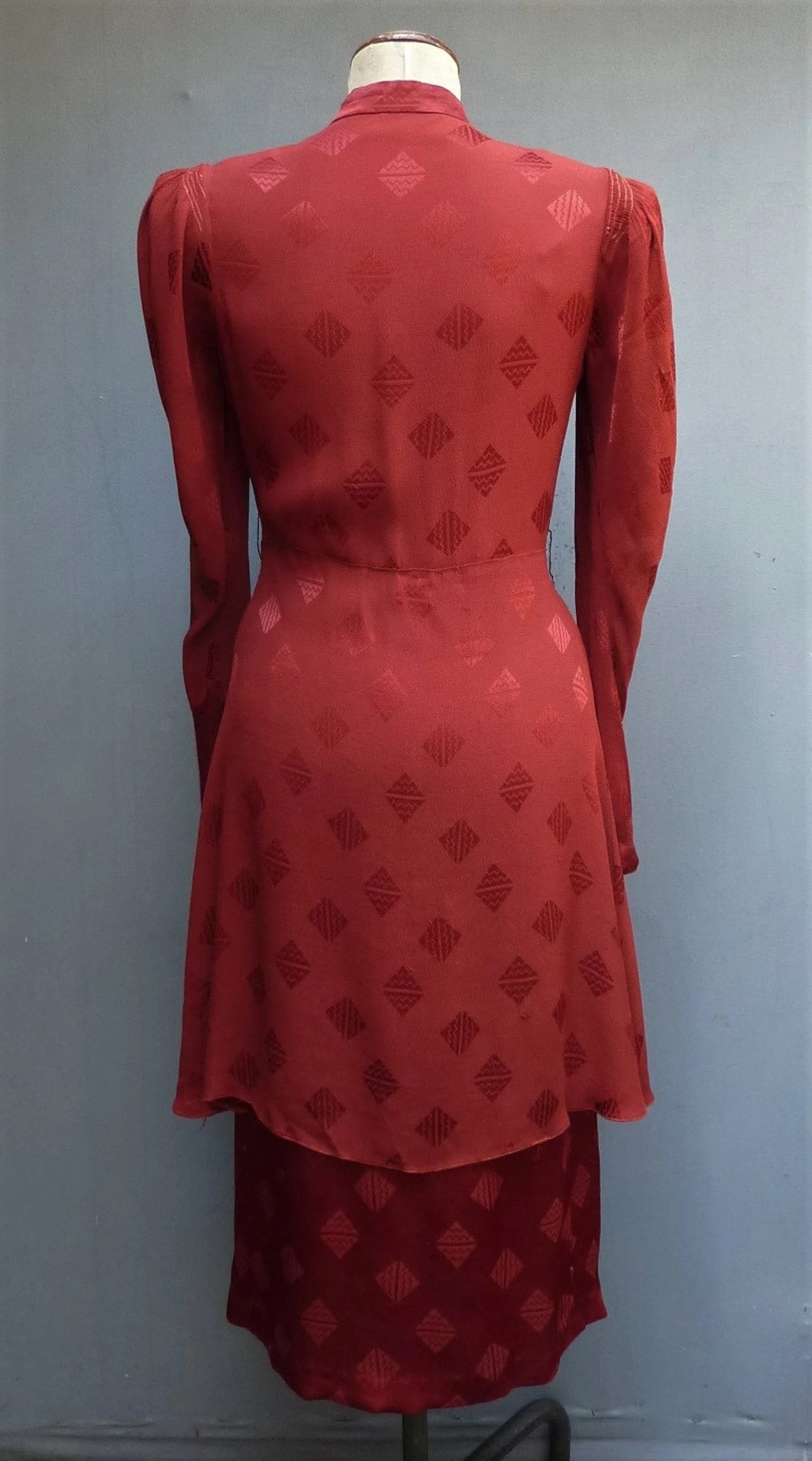 Superb Original Vintage 1930s Handmade Tunic Dress Rusty Red Rayon Crepe UK S/M