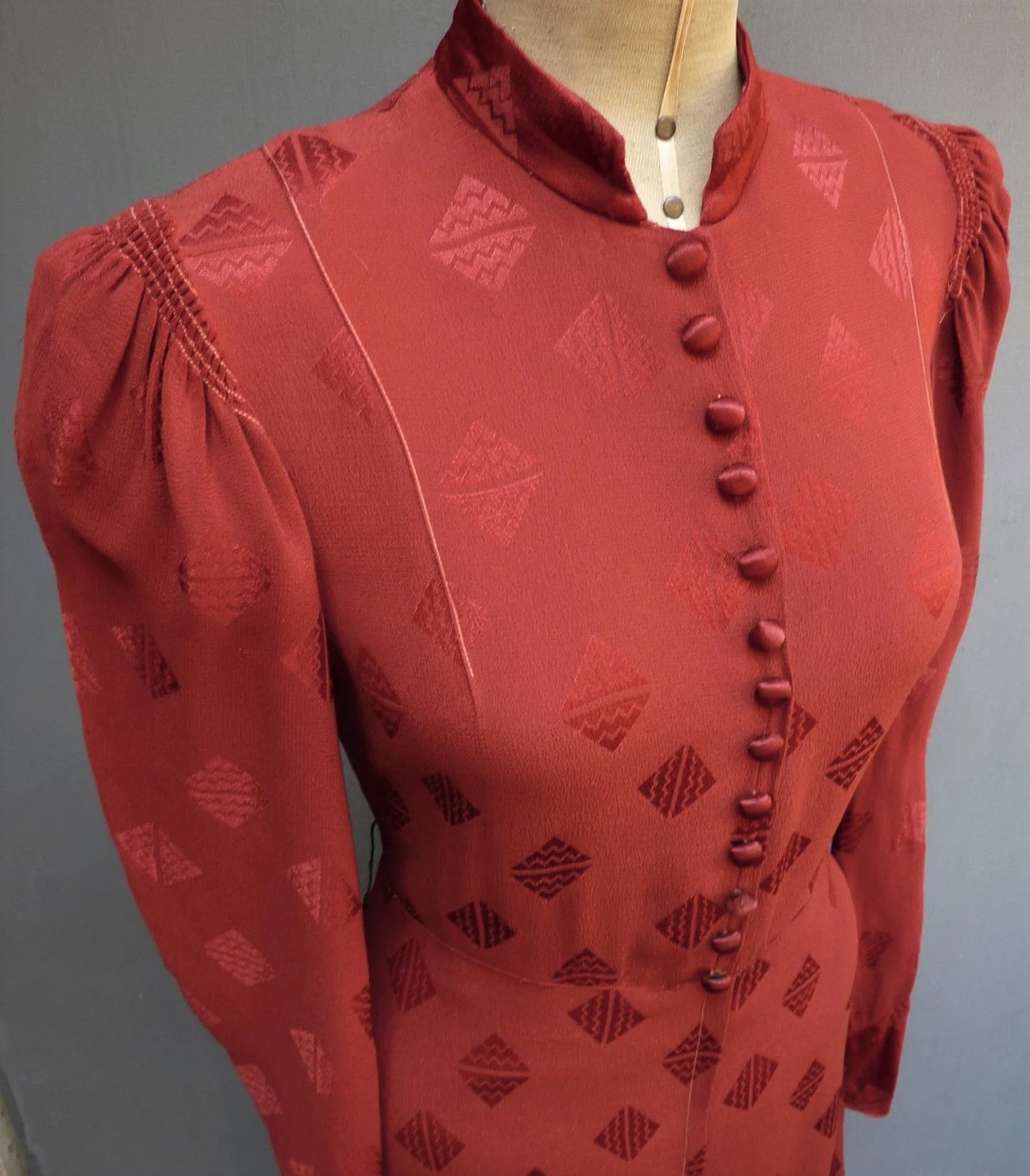 Superb Original Vintage 1930s Handmade Tunic Dress Rusty Red Rayon Crepe UK S/M