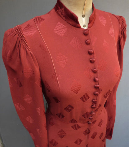 Superb Original Vintage 1930s Handmade Tunic Dress Rusty Red Rayon Crepe UK S/M