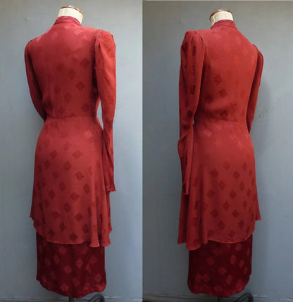 Superb Original Vintage 1930s Handmade Tunic Dress Rusty Red Rayon Crepe UK S/M