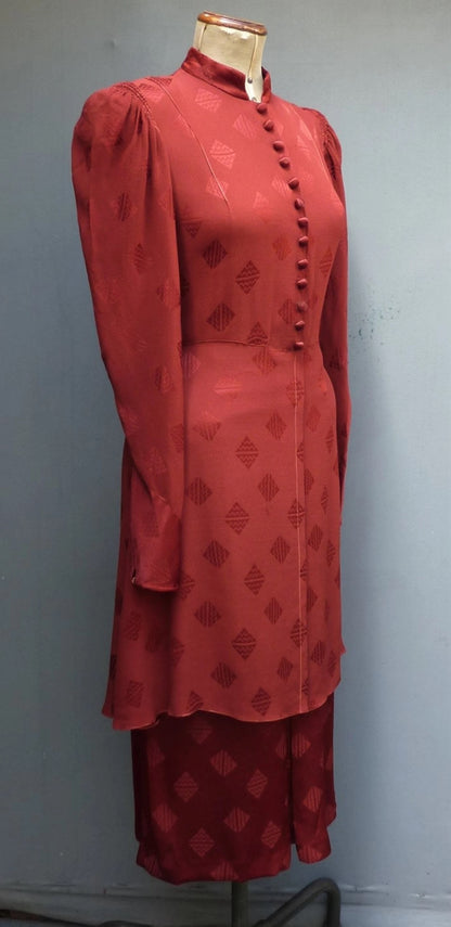 Superb Original Vintage 1930s Handmade Tunic Dress Rusty Red Rayon Crepe UK S/M