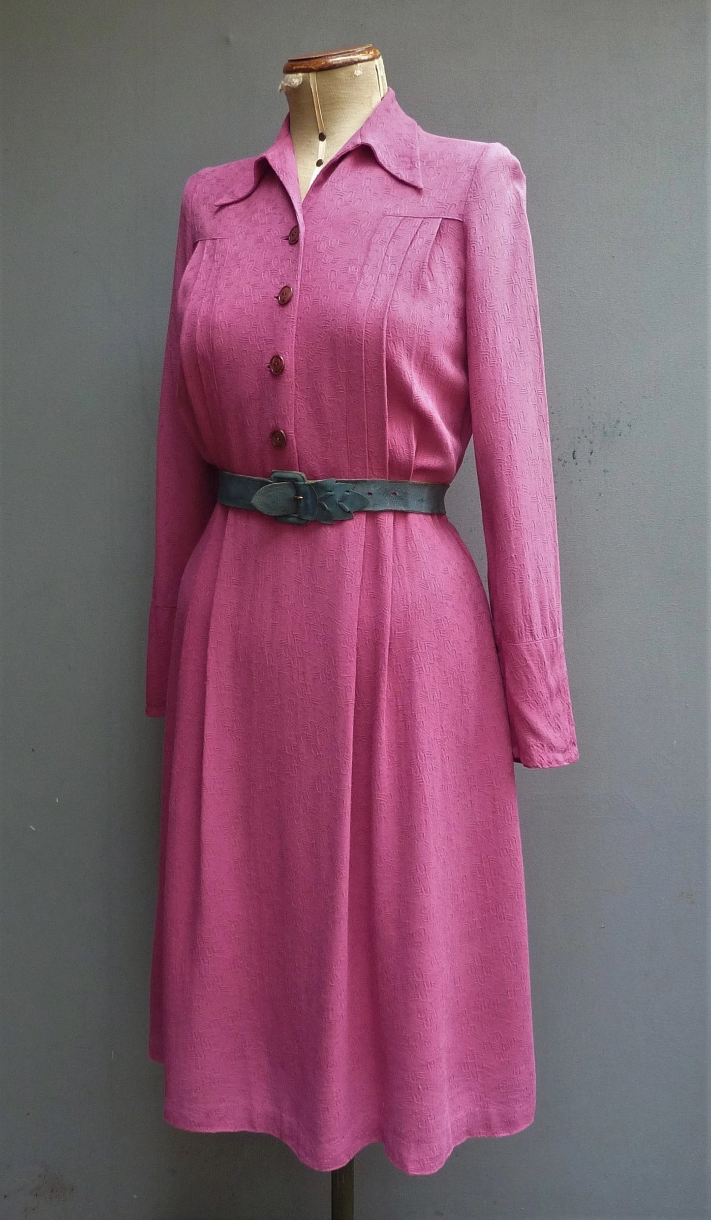 Original Vintage Dress 1940s WW2 Handmade Dark Pink Rayon UK S