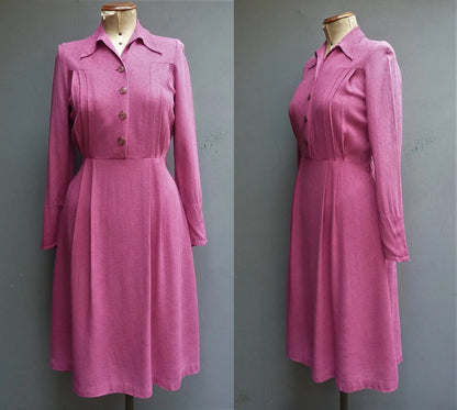 Original Vintage Dress 1940s WW2 Handmade Dark Pink Rayon UK S