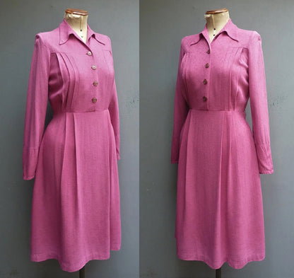 Original Vintage Dress 1940s WW2 Handmade Dark Pink Rayon UK S