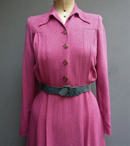 Original Vintage Dress 1940s WW2 Handmade Dark Pink Rayon UK S