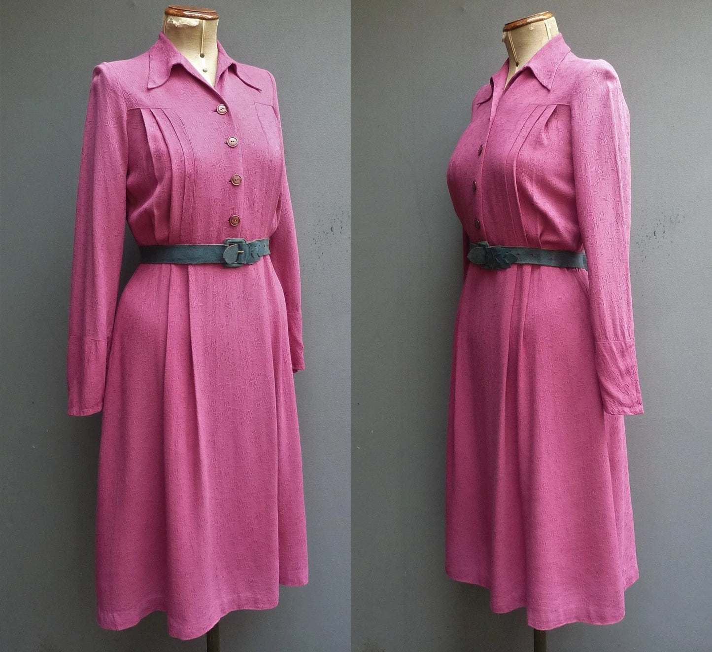 Original Vintage Dress 1940s WW2 Handmade Dark Pink Rayon UK S