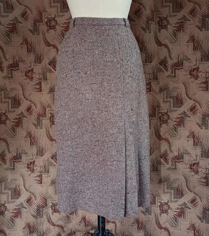 Vintage 1980s Wool Skirt Beige Flecked Speckled Tweed 1930 40s Style UK XS