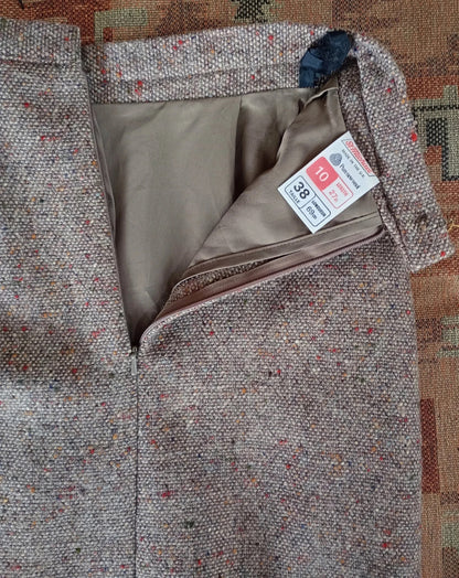 Vintage 1980s Wool Skirt Beige Flecked Speckled Tweed 1930 40s Style UK XS