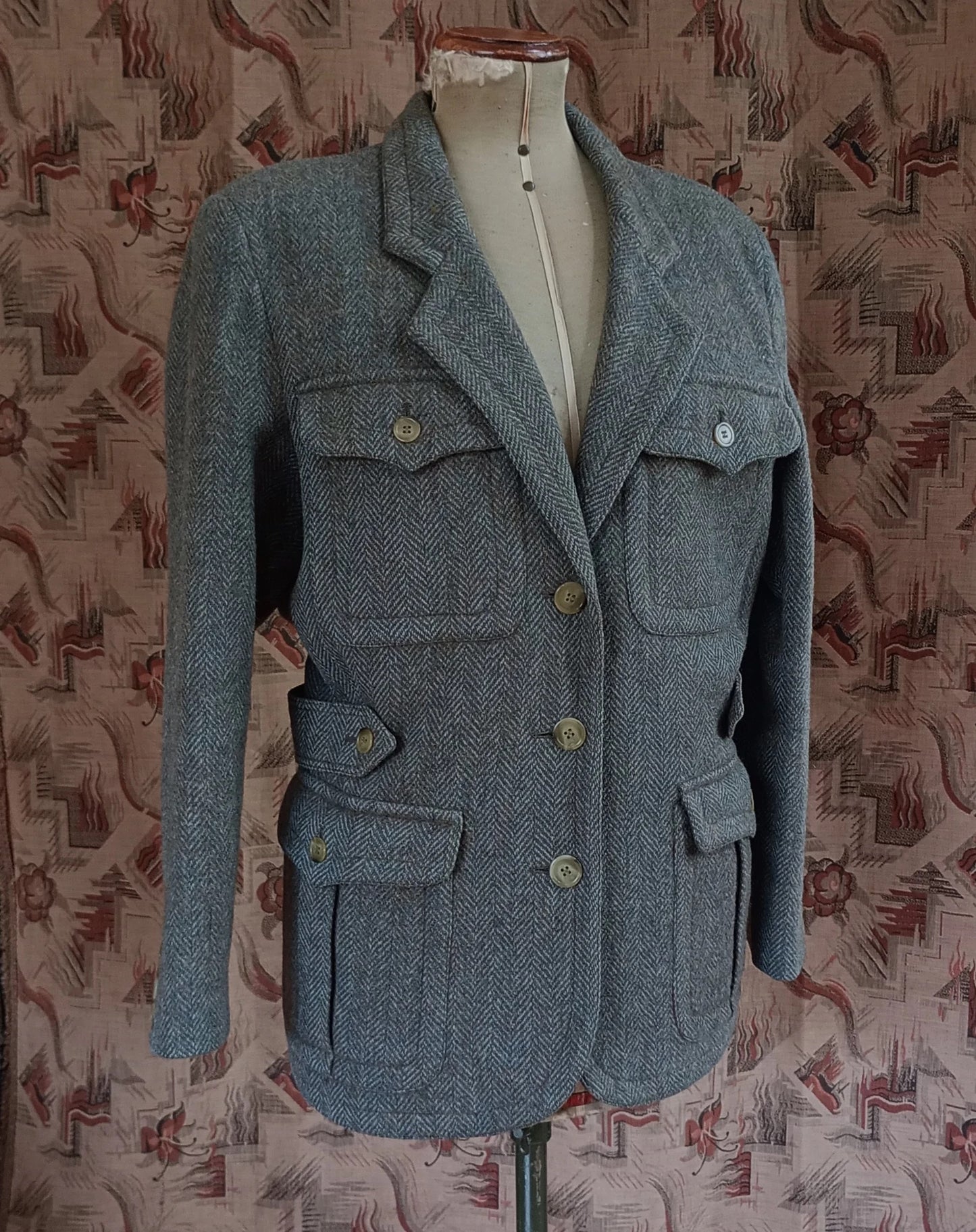 Vintage 1980s Irish Tweed Wool Jacket Back Belt Herringbone Wool UK M/L