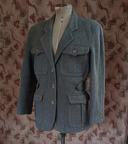 Vintage 1980s Irish Tweed Wool Jacket Back Belt Herringbone Wool UK M/L