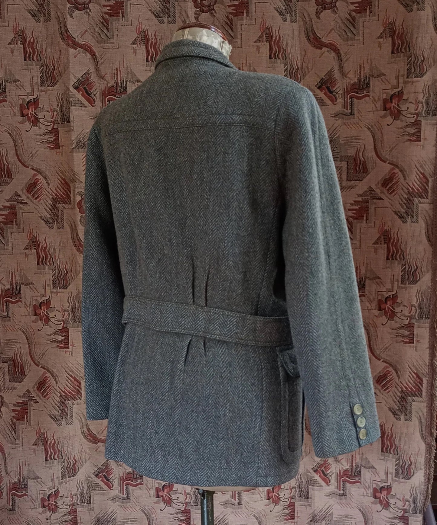 Vintage 1980s Irish Tweed Wool Jacket Back Belt Herringbone Wool UK M/L