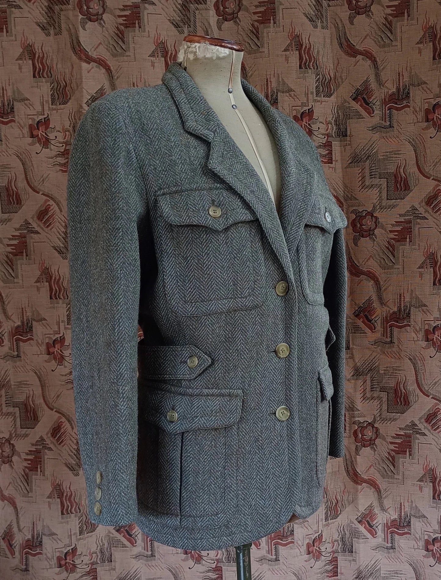 Vintage 1980s Irish Tweed Wool Jacket Back Belt Herringbone Wool UK M/L