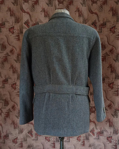 Vintage 1980s Irish Tweed Wool Jacket Back Belt Herringbone Wool UK M/L