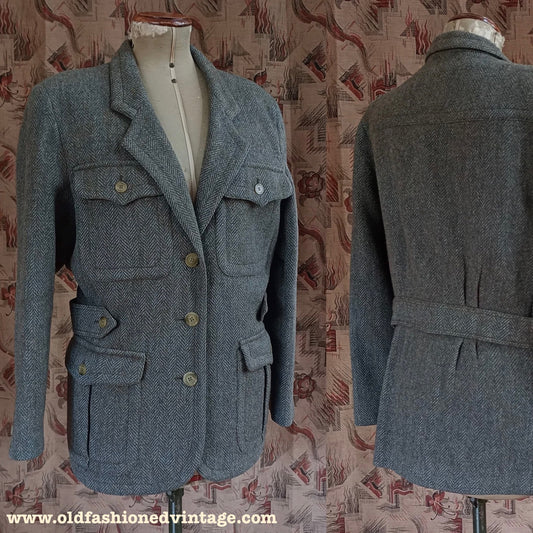 Vintage 1980s Irish Tweed Wool Jacket Back Belt Herringbone Wool UK M/L