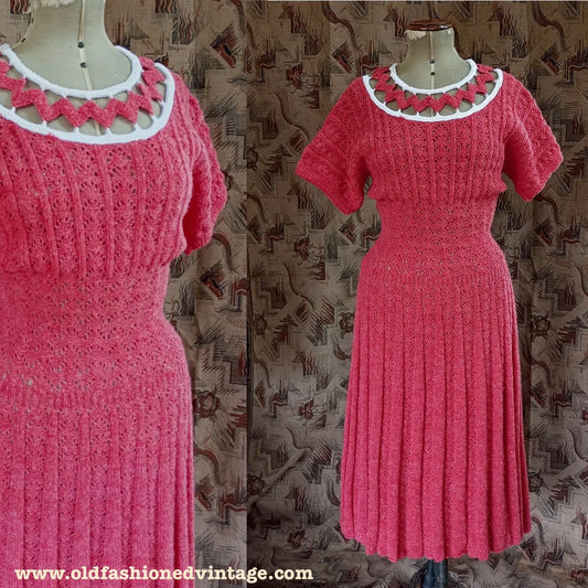 Vintage Hand Knitted Sweater Dress Coral Pink Wool Lacey Knit 1970s Does 40s UK S/M