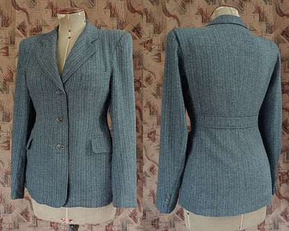 Rare Vintage 1940s Wool Jacket Grey Green Striped Tailored Blazer Back Belt UK S