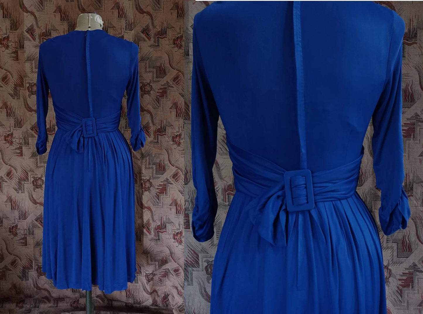 Vintage 1950s Dress Drapey Sapphire Blue Rayon Jersey Celanese Type Kitty Copeland UK S