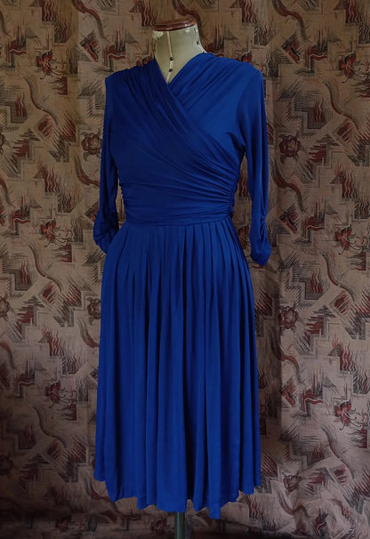 Vintage 1950s Dress Drapey Sapphire Blue Rayon Jersey Celanese Type Kitty Copeland UK S