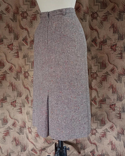 Vintage 1980s Wool Skirt Beige Flecked Speckled Tweed 1930 40s Style UK XS