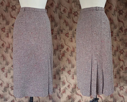 Vintage 1980s Wool Skirt Beige Flecked Speckled Tweed 1930 40s Style UK XS