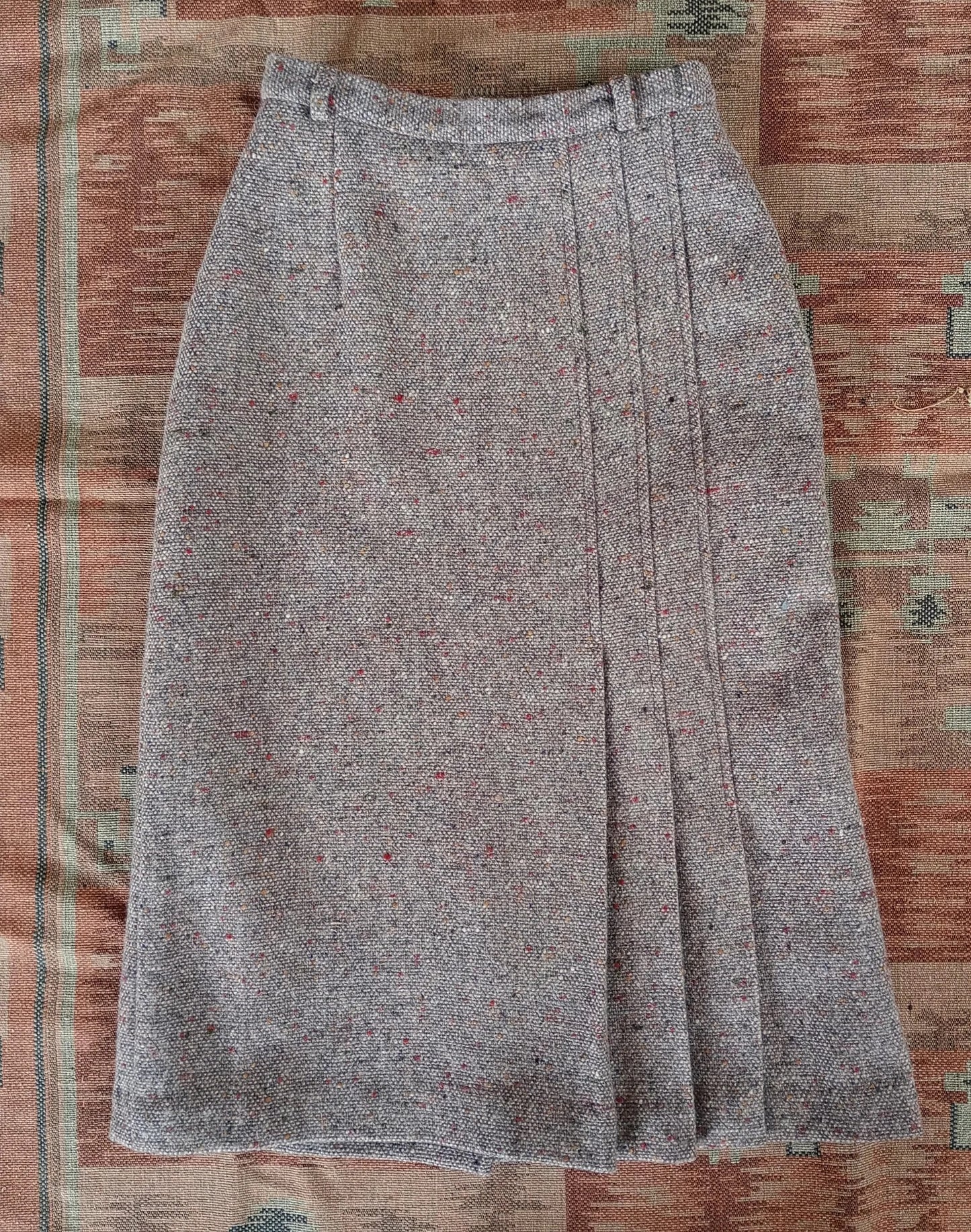 Vintage 1980s Wool Skirt Beige Flecked Speckled Tweed 1930 40s Style UK XS