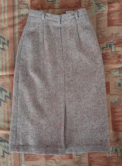 Vintage 1980s Wool Skirt Beige Flecked Speckled Tweed 1930 40s Style UK XS