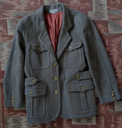 Vintage 1980s Irish Tweed Wool Jacket Back Belt Herringbone Wool UK M/L