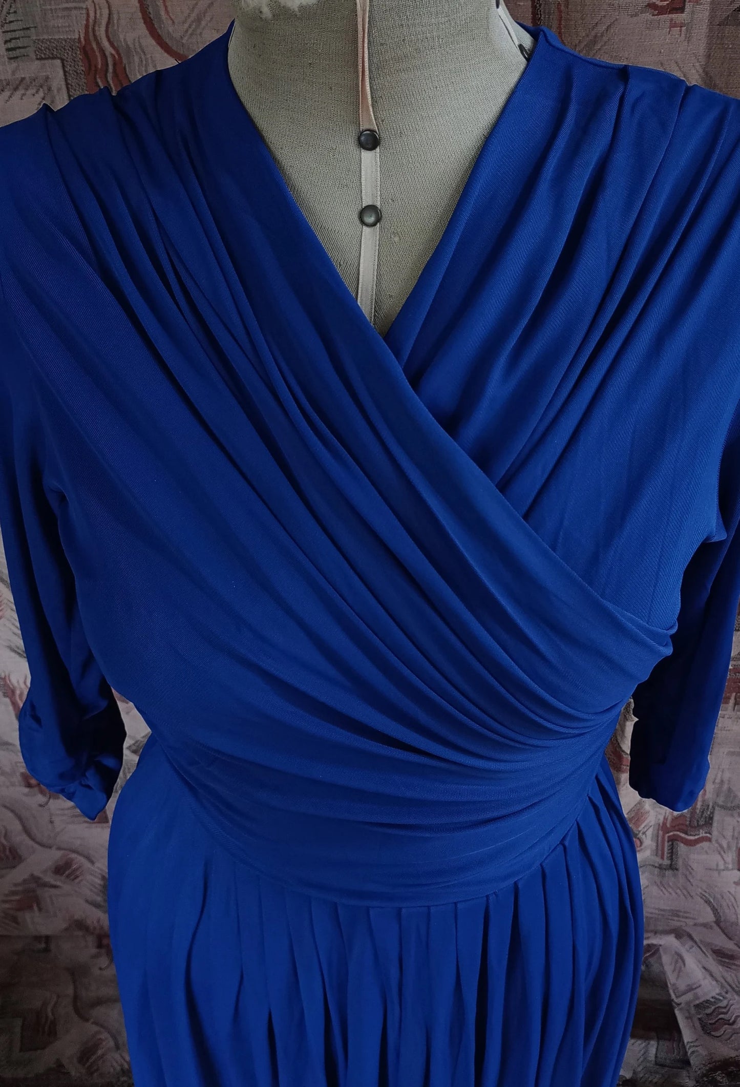 Vintage 1950s Dress Drapey Sapphire Blue Rayon Jersey Celanese Type Kitty Copeland UK S