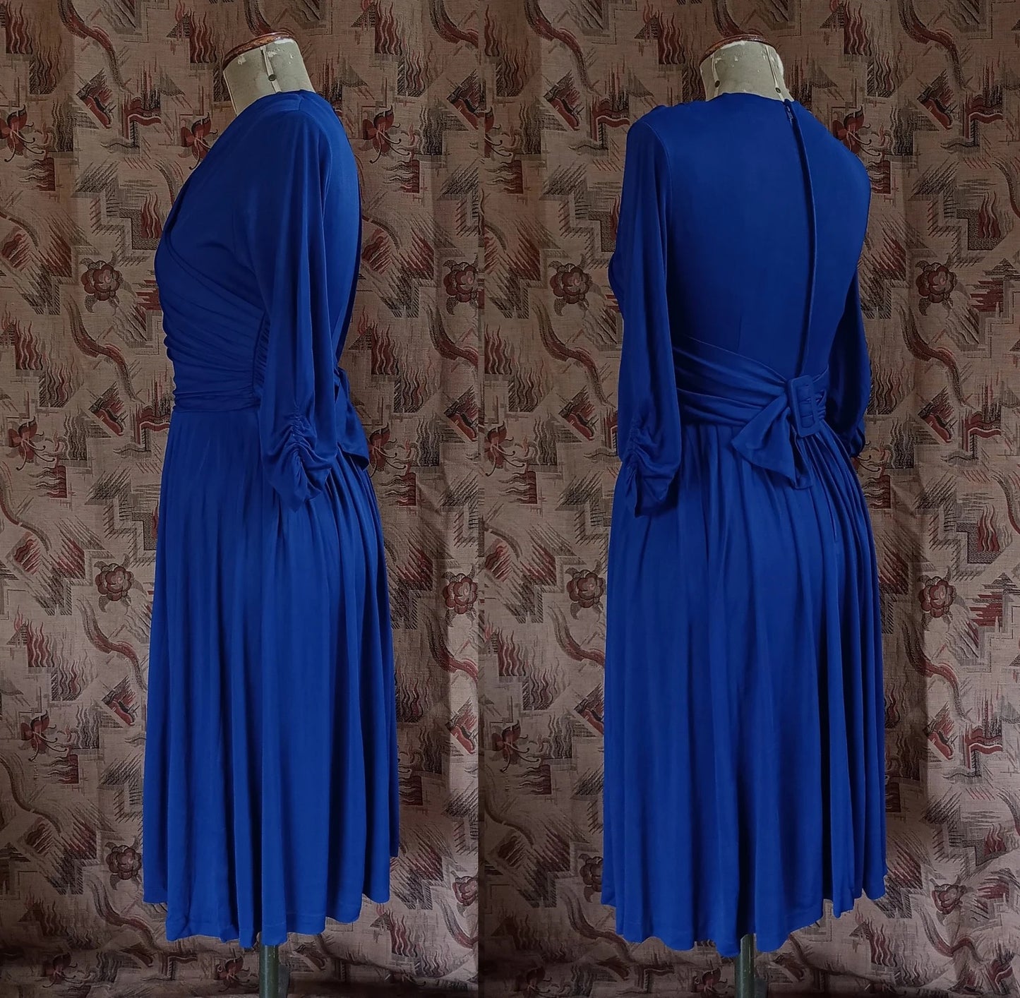 Vintage 1950s Dress Drapey Sapphire Blue Rayon Jersey Celanese Type Kitty Copeland UK S