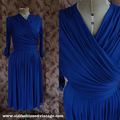 Vintage 1950s Dress Drapey Sapphire Blue Rayon Jersey Celanese Type Kitty Copeland UK S