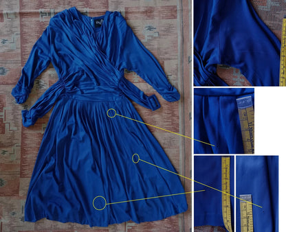 Vintage 1950s Dress Drapey Sapphire Blue Rayon Jersey Celanese Type Kitty Copeland UK S