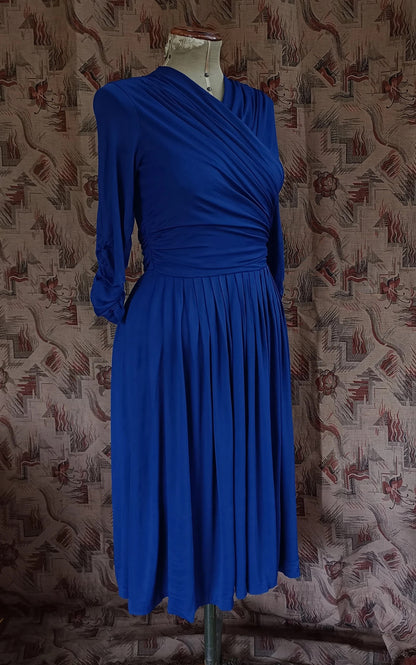 Vintage 1950s Dress Drapey Sapphire Blue Rayon Jersey Celanese Type Kitty Copeland UK S