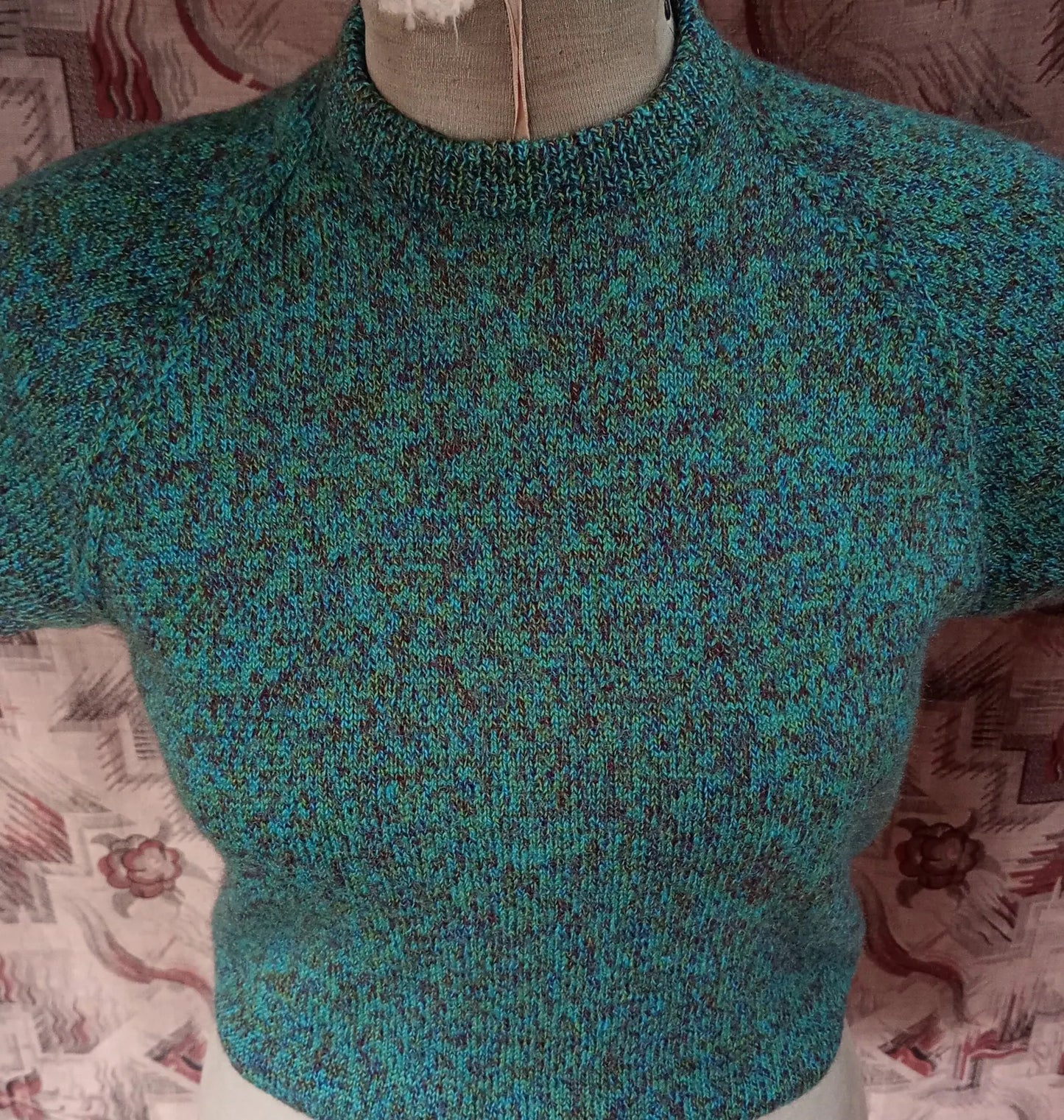 Original Vintage 1950s Hand Knitted Green Brown Marl Knit Wool Sweater UK M