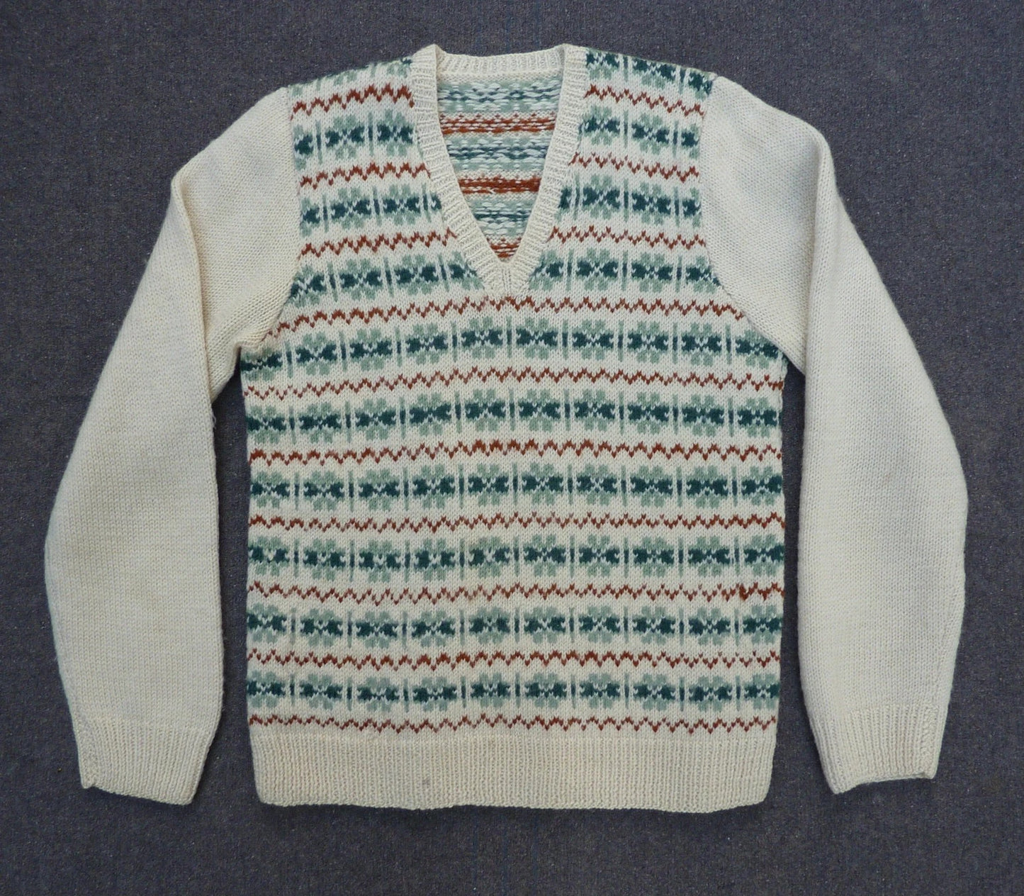 Vintage Mens Hand Knitted Fair Isle Sweater Jumper Cream Green Rust Brown Wool 1980s 1940s 1950s Style Fairisle Pullover