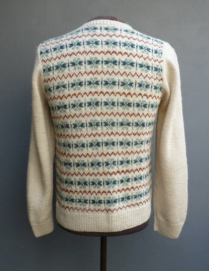 Vintage Mens Hand Knitted Fair Isle Sweater Jumper Cream Green Rust Brown Wool 1980s 1940s 1950s Style Fairisle Pullover