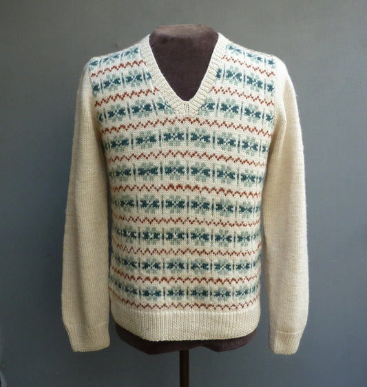 Vintage Mens Hand Knitted Fair Isle Sweater Jumper Cream Green Rust Brown Wool 1980s 1940s 1950s Style Fairisle Pullover