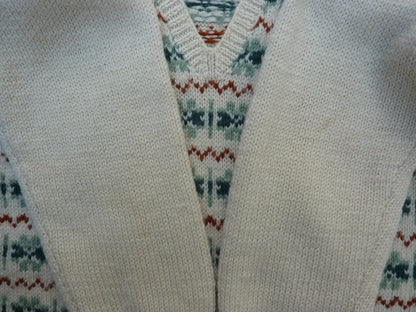 Vintage Mens Hand Knitted Fair Isle Sweater Jumper Cream Green Rust Brown Wool 1980s 1940s 1950s Style Fairisle Pullover