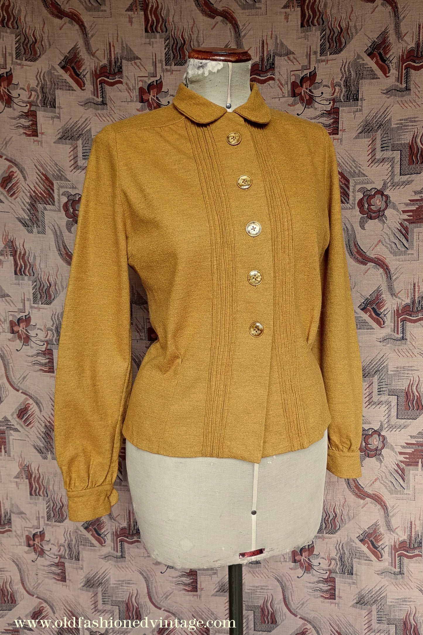 Rare 1940s Mustard Wool Jersey Blouse Long Sleeved Knit Shirt UK M