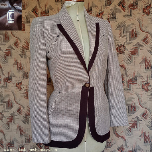 Vintage 1940s Jacket II0II Cream Brown Two Tone Fitted Blazer UK S