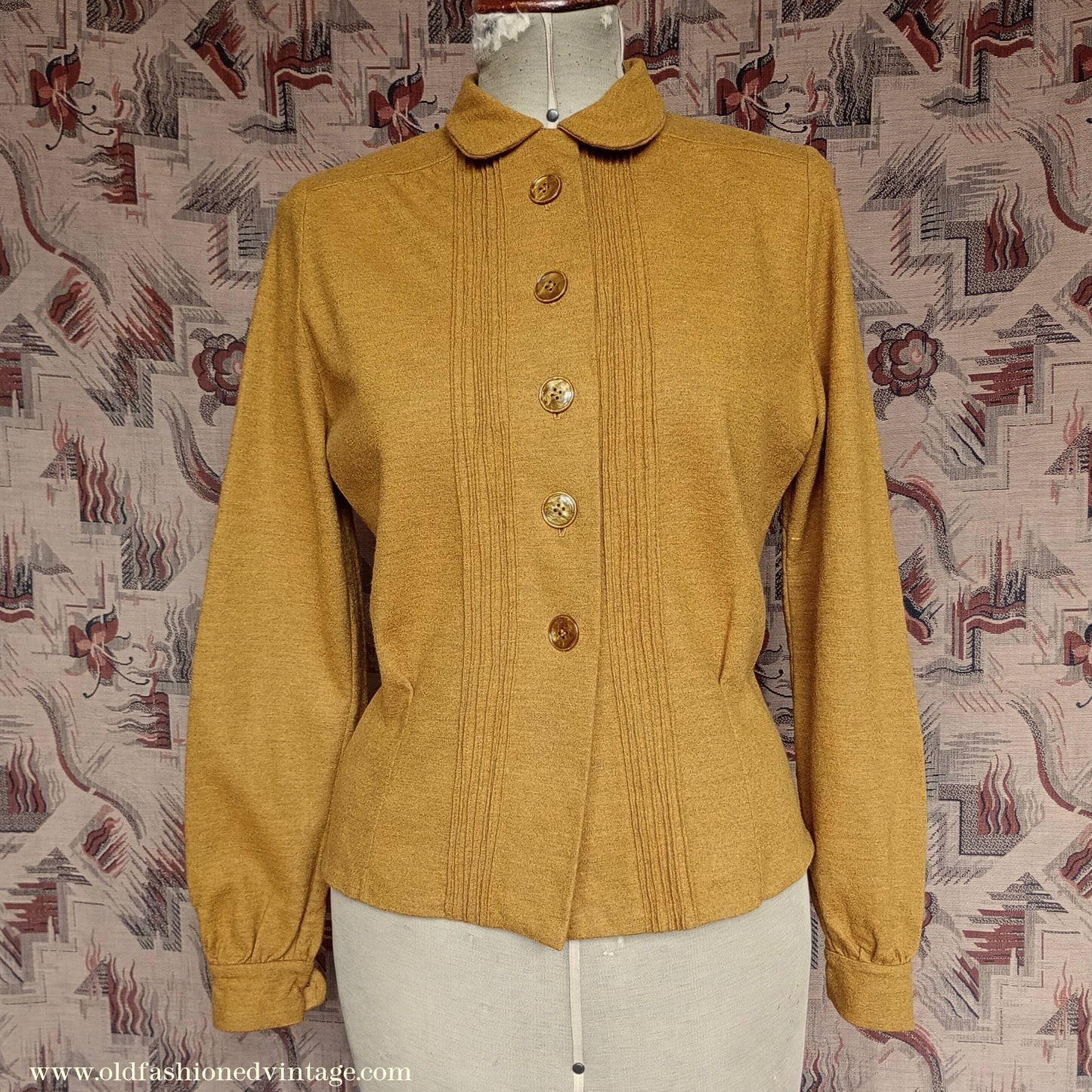 Rare 1940s Mustard Wool Jersey Blouse Long Sleeved Knit Shirt UK M