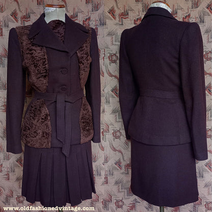 Incredible Vintage 1940s Italian Suit Chocolate Brown Wool Fur Trimmed Jacket Skirt UK M