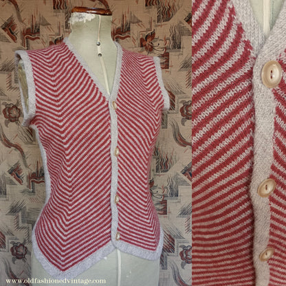 Vintage 1940s 50s Hand Knitted Chevron Striped Fair Isle Waistcoat Jerkin Wool Vest UK M